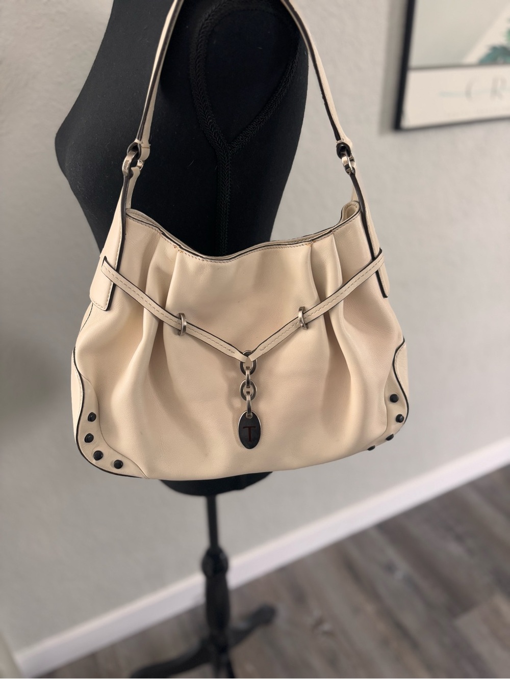 Tod's Cream Leather Shoulder Hobo with Metal Charm and Black Studs